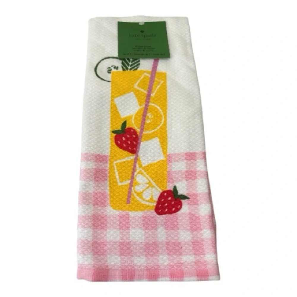 Kate Spade Kitchen Towel Set of 2 Pink Yellow Strawberry Lemonade Design New